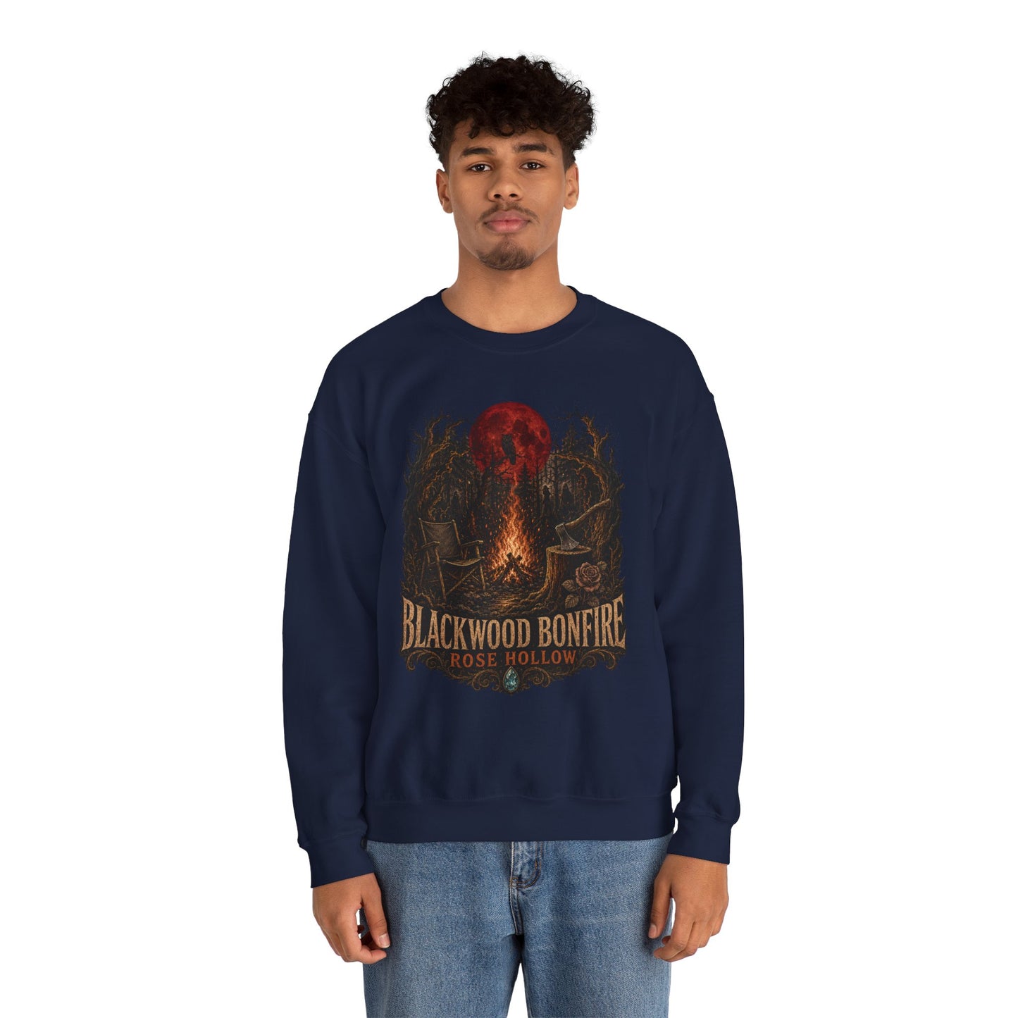 Blackwood Bonfire campfire crewneck | Rosie Hollow spooky moon sweatshirt