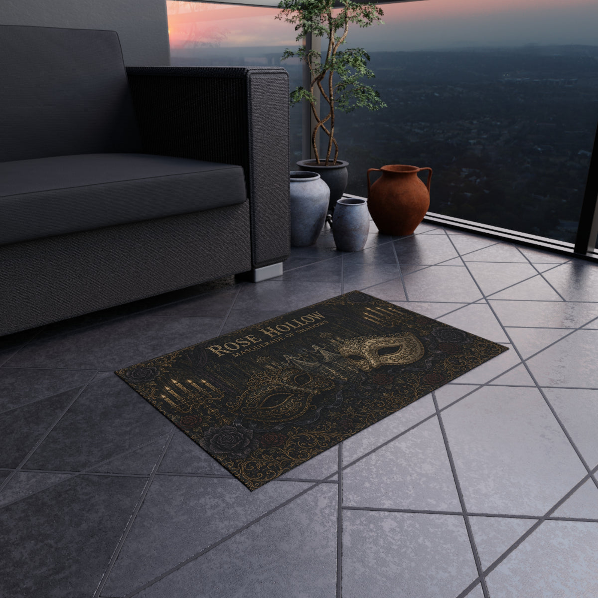 Masquerade Masks Outdoor Rug — Rose Hollow Masquerade of Shadows Patio Mat