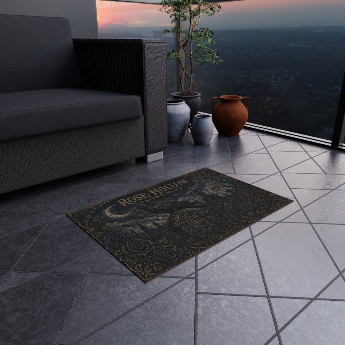 Rose Hollow Raven’s Watch Outdoor Rug — Gothic Cemetery Welcome Mat