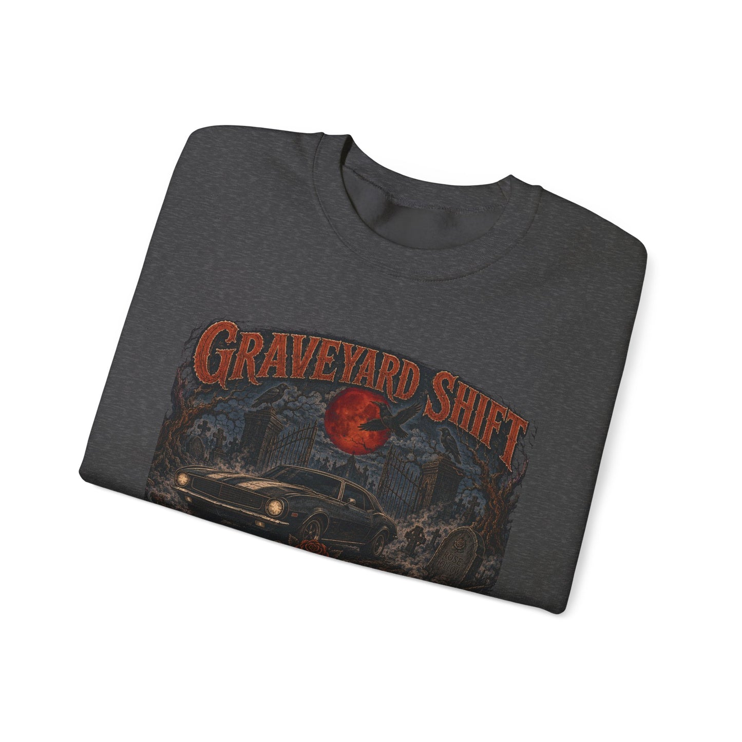 Graveyard Shift Rose Hollow Crewneck Sweatshirt | Haunted Night Graphic