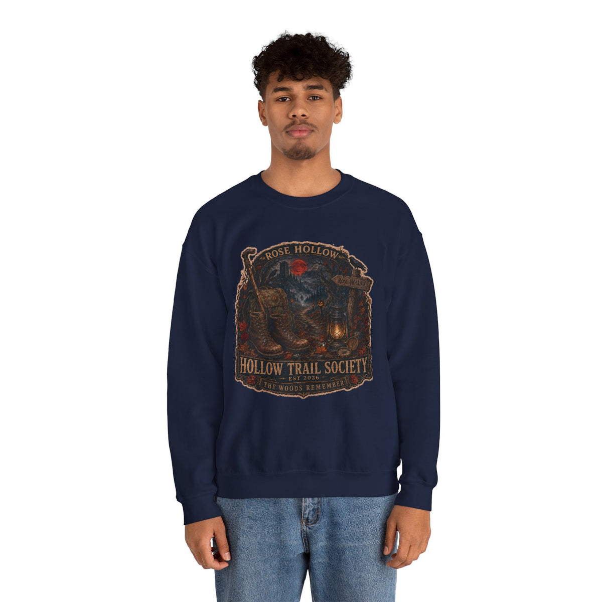 Hollow Trail Society crewneck sweatshirt | Rose Hollow lantern, wolf, moon