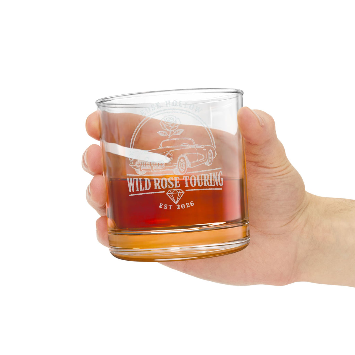 Engraved Whiskey Glass 10.5oz — Wild Rose Touring Vintage Car Logo
