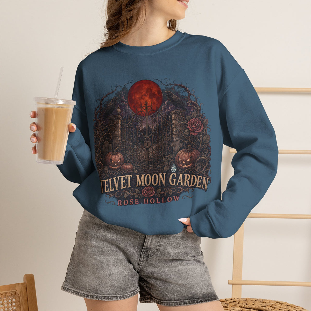Velvet Moon Garden Crewneck Sweatshirt | Gothic Pumpkin Moon