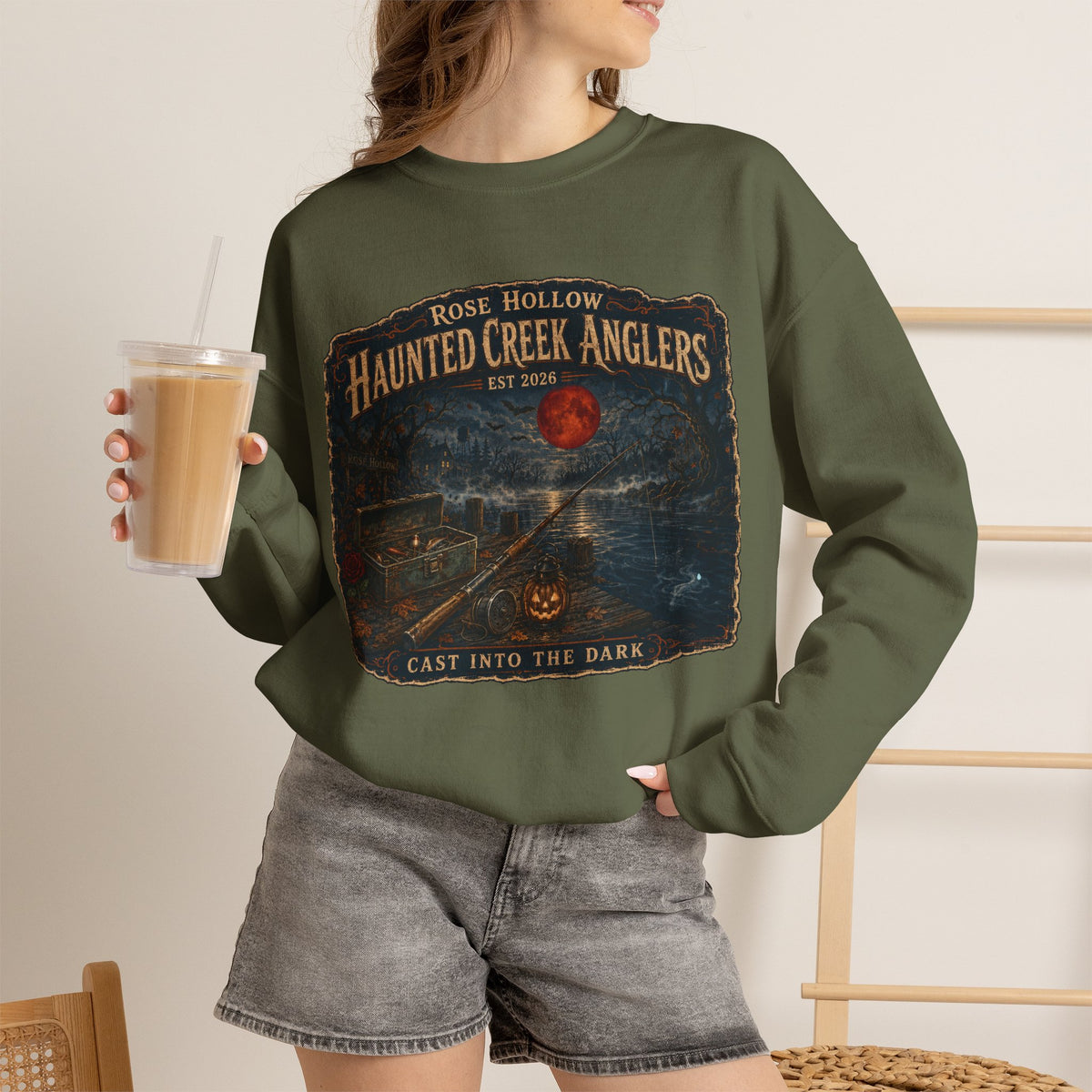 Haunted Creek Anglers cast into the dark Crewneck | Fishing Moonlit Lake Sweatshirt