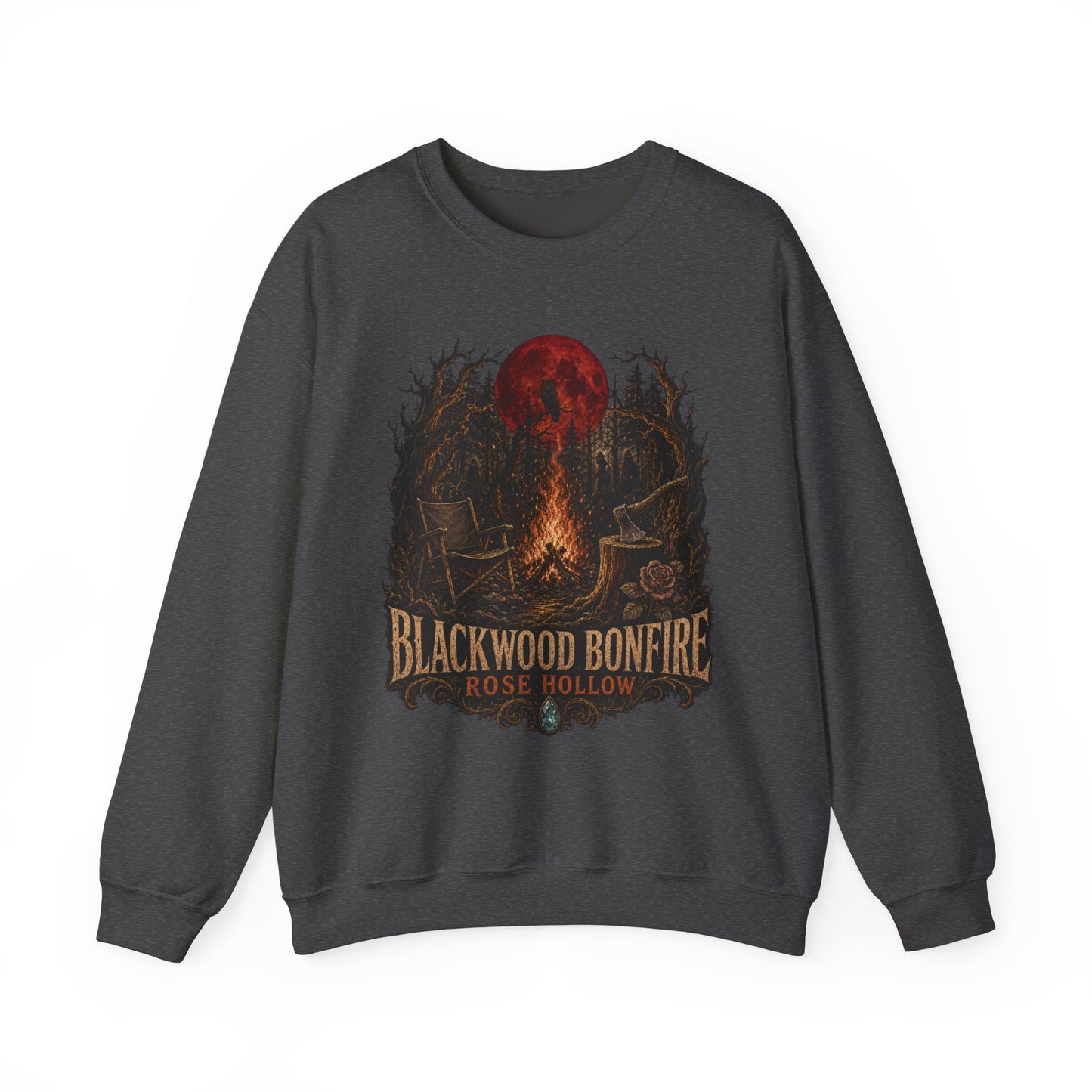 Blackwood Bonfire campfire crewneck | Rosie Hollow spooky moon sweatshirt