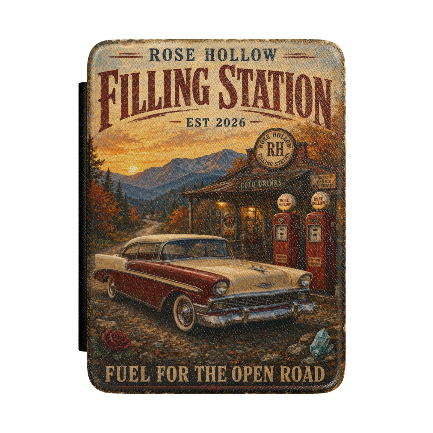 Vintage Filling Station Kindle Case – 'Fuel for the Open Road' Retro Car & Gas Pump Design