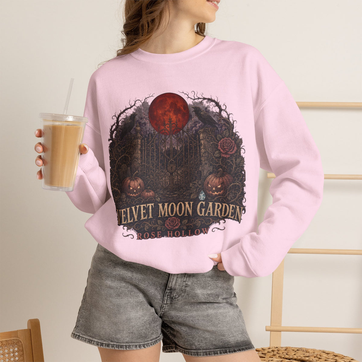 Velvet Moon Garden Crewneck Sweatshirt | Gothic Pumpkin Moon