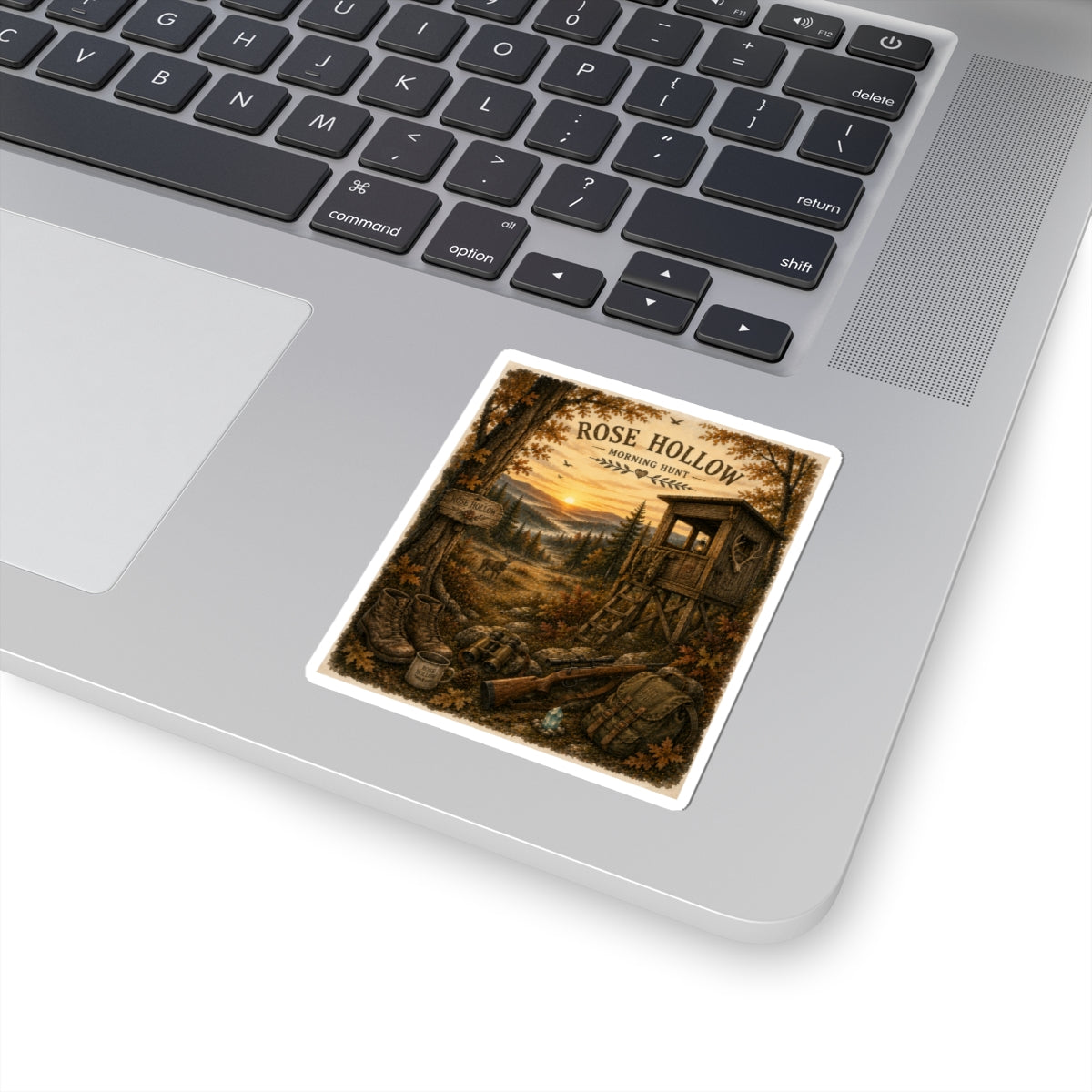 Rose Hollow Morning Hunt Sticker — Vintage Hunting Cabin Landscape Kiss-Cut Sticker