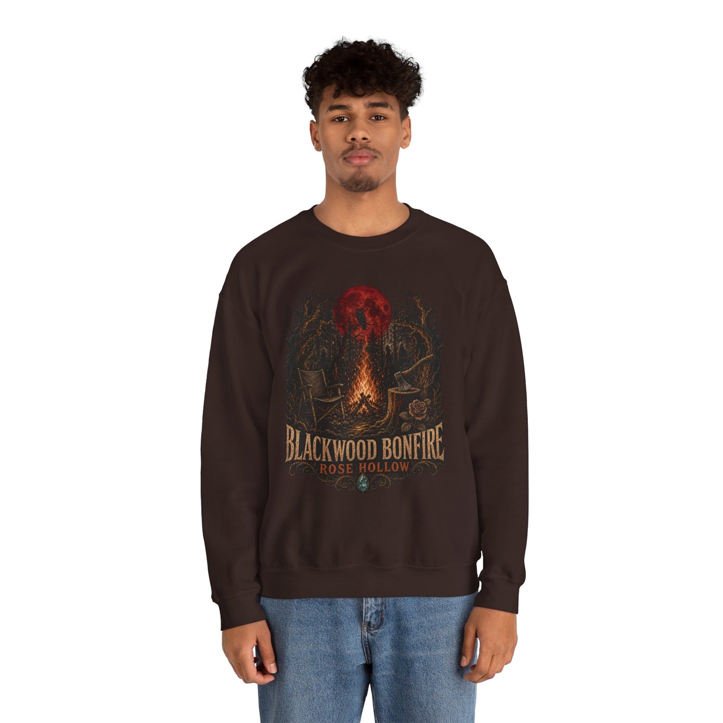 Blackwood Bonfire campfire crewneck | Rosie Hollow spooky moon sweatshirt