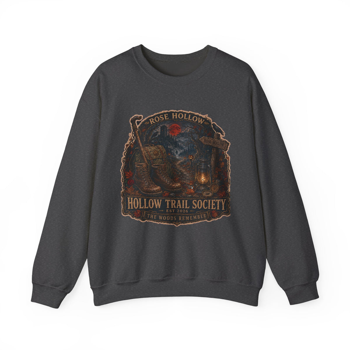 Hollow Trail Society crewneck sweatshirt | Rose Hollow lantern, wolf, moon