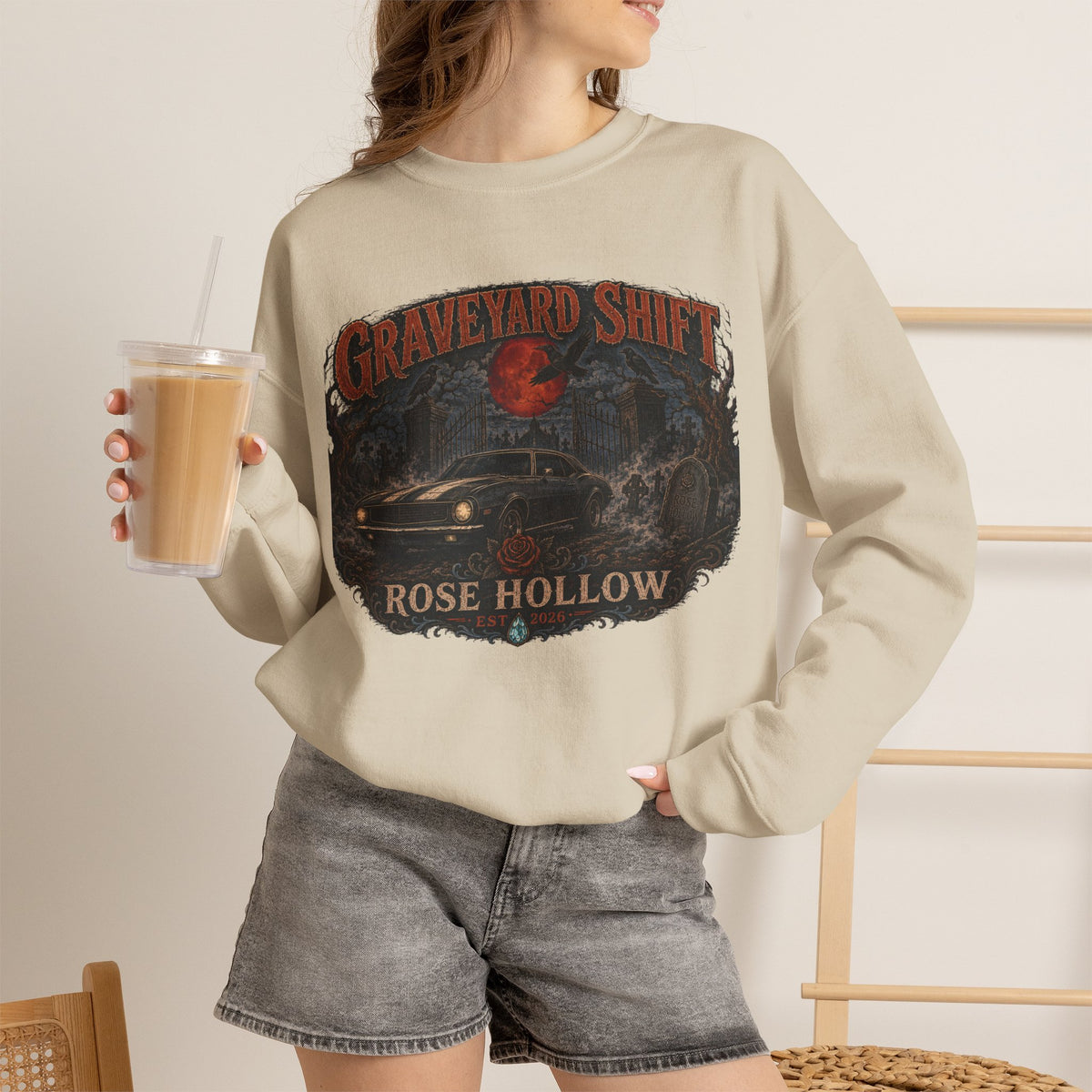 Graveyard Shift Rose Hollow Crewneck Sweatshirt | Haunted Night Graphic