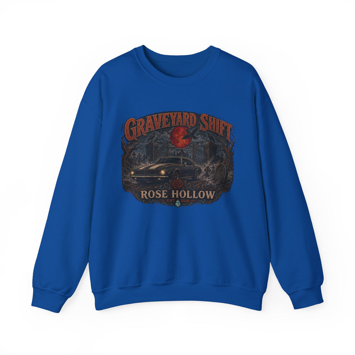 Graveyard Shift Rose Hollow Crewneck Sweatshirt | Haunted Night Graphic
