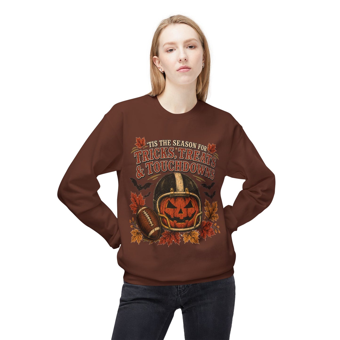 Halloween Football Sweatshirt - 'Tis the Season for Tricks, Treats & Touchdowns Crewneck