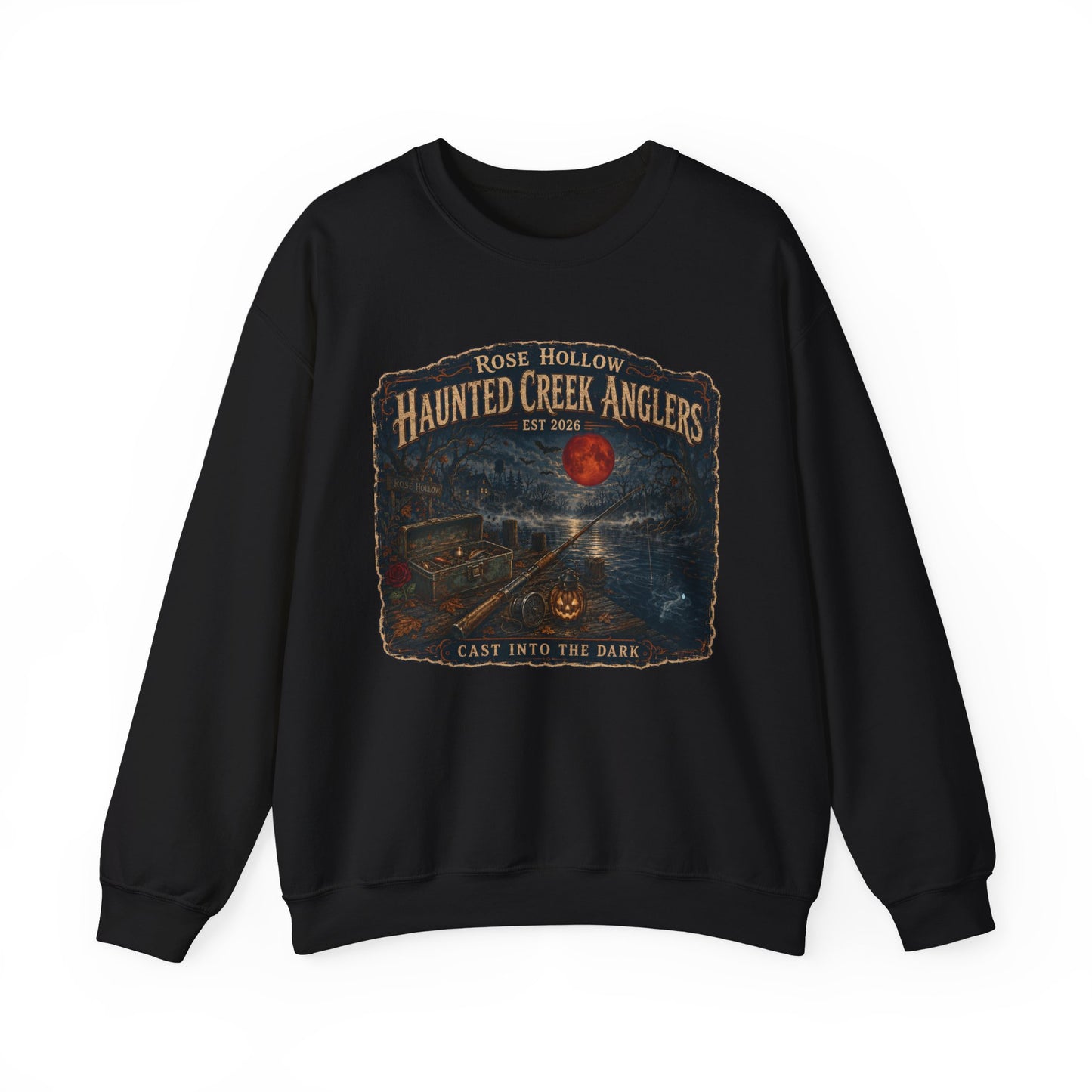Haunted Creek Anglers cast into the dark Crewneck | Fishing Moonlit Lake Sweatshirt
