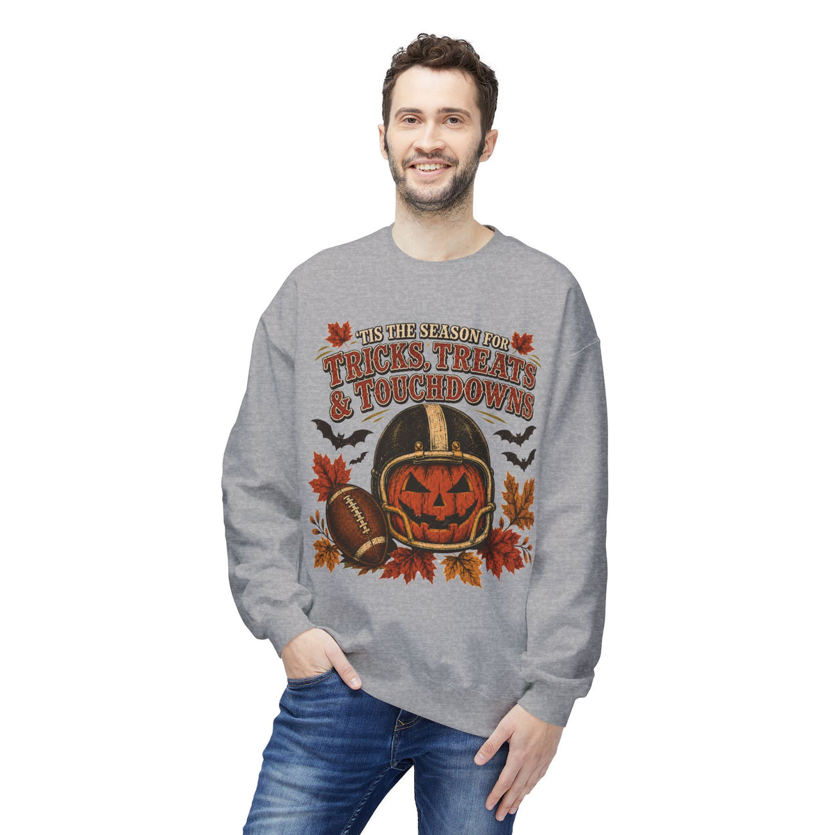 Halloween Football Sweatshirt - 'Tis the Season for Tricks, Treats & Touchdowns Crewneck