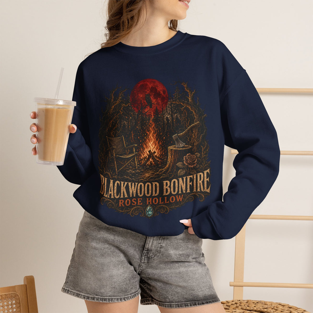 Blackwood Bonfire campfire crewneck | Rosie Hollow spooky moon sweatshirt