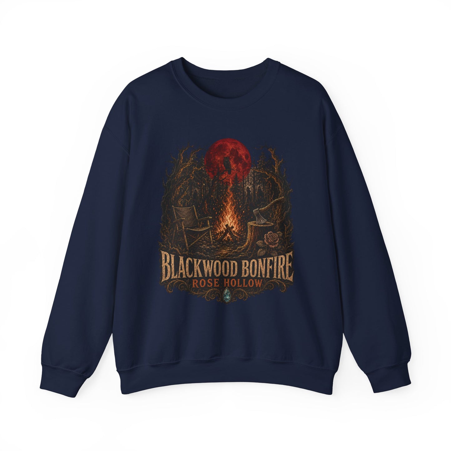 Blackwood Bonfire campfire crewneck | Rosie Hollow spooky moon sweatshirt