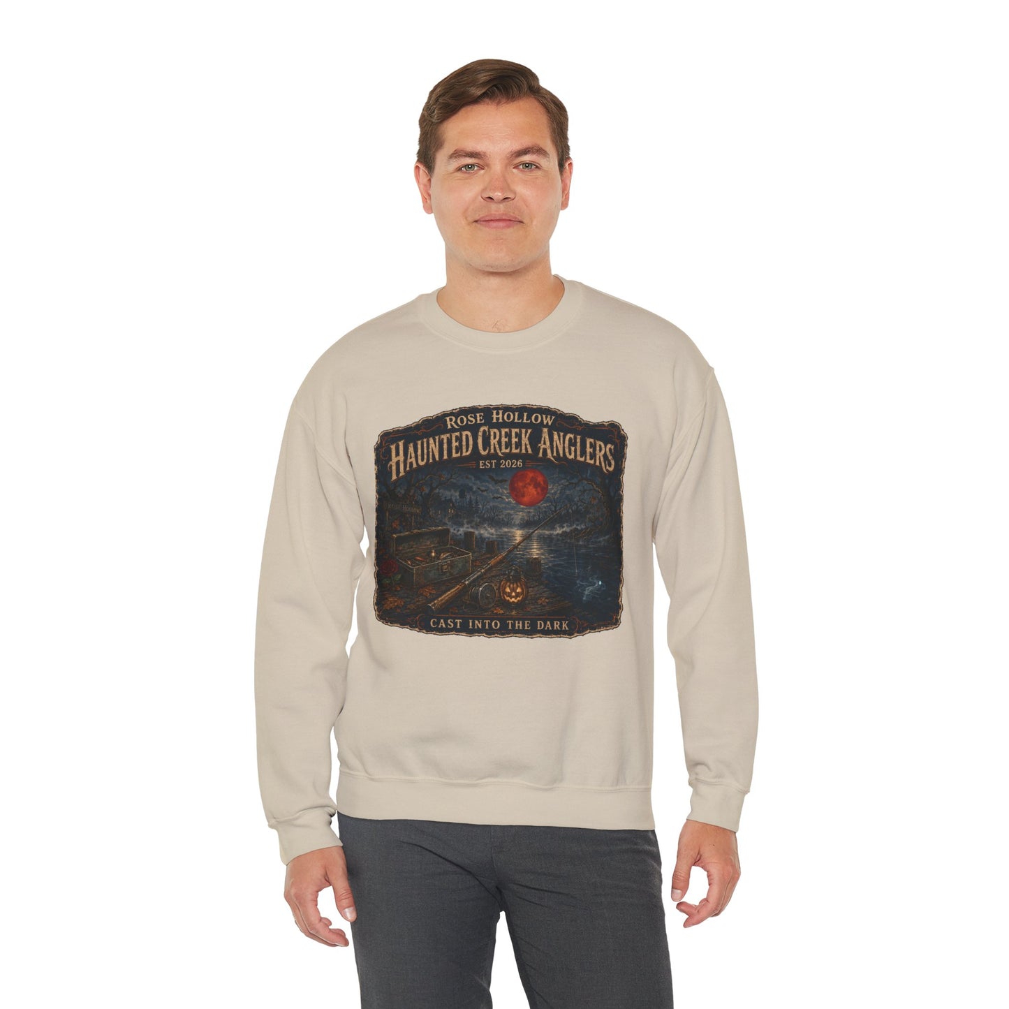 Haunted Creek Anglers cast into the dark Crewneck | Fishing Moonlit Lake Sweatshirt