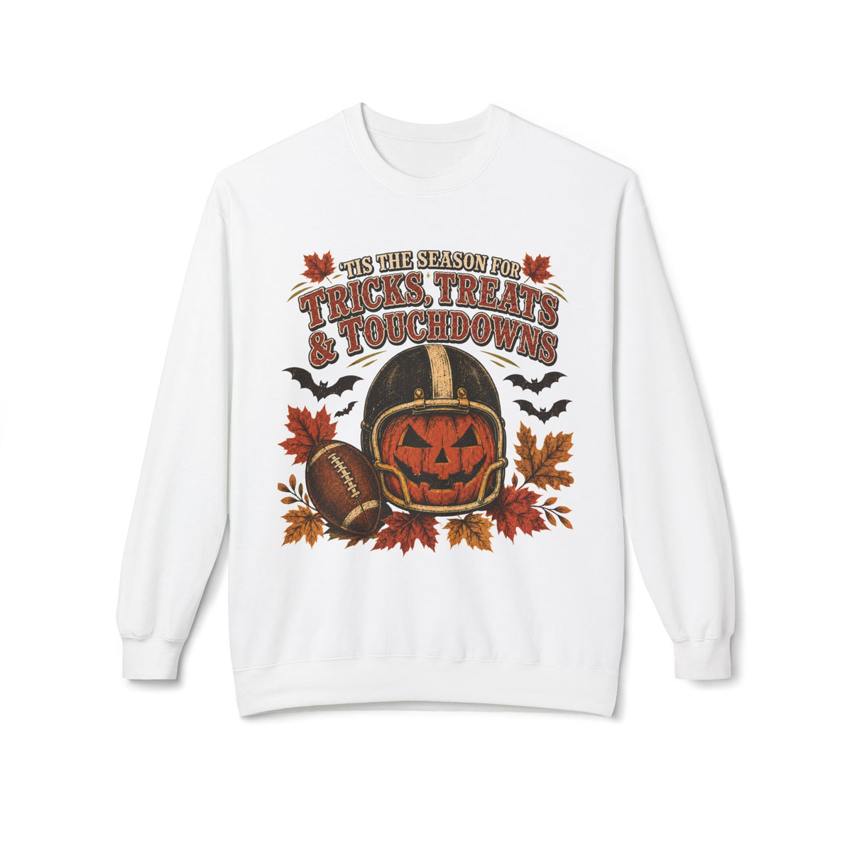 Halloween Football Sweatshirt - 'Tis the Season for Tricks, Treats & Touchdowns Crewneck