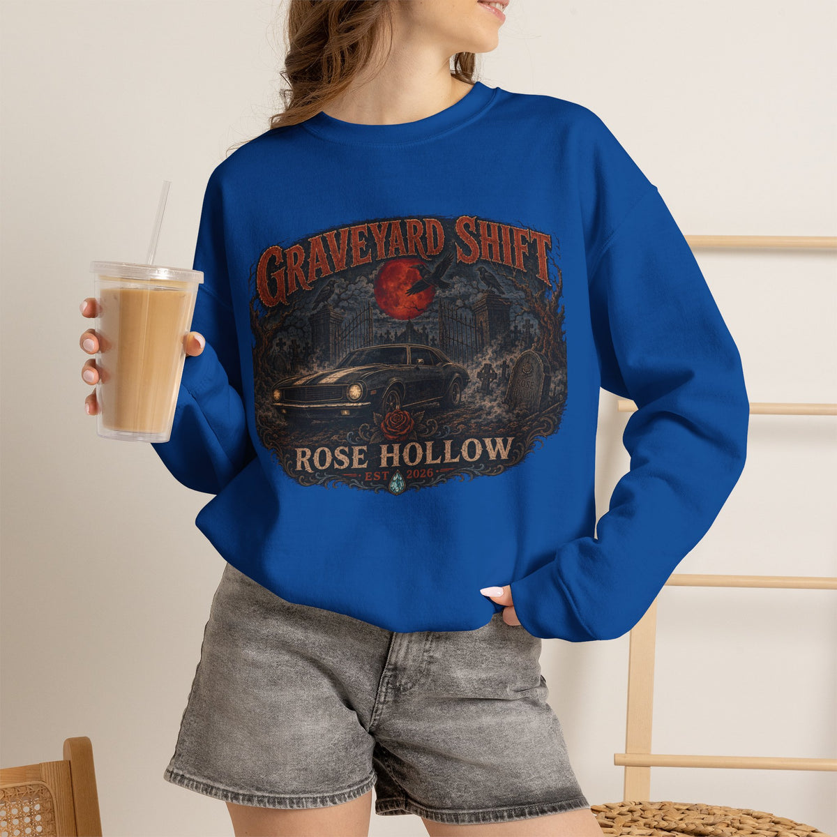Graveyard Shift Rose Hollow Crewneck Sweatshirt | Haunted Night Graphic