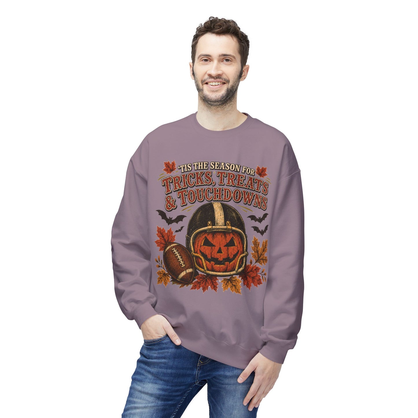 Halloween Football Sweatshirt - 'Tis the Season for Tricks, Treats & Touchdowns Crewneck