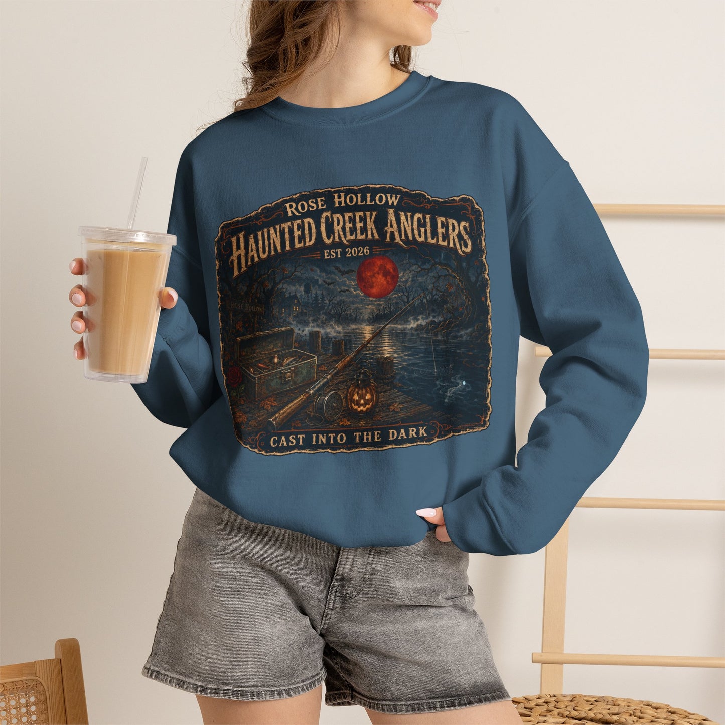 Haunted Creek Anglers cast into the dark Crewneck | Fishing Moonlit Lake Sweatshirt