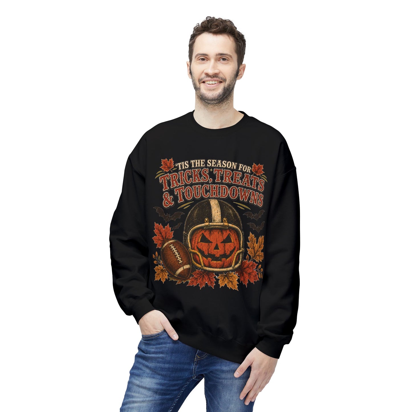 Halloween Football Sweatshirt - 'Tis the Season for Tricks, Treats & Touchdowns Crewneck