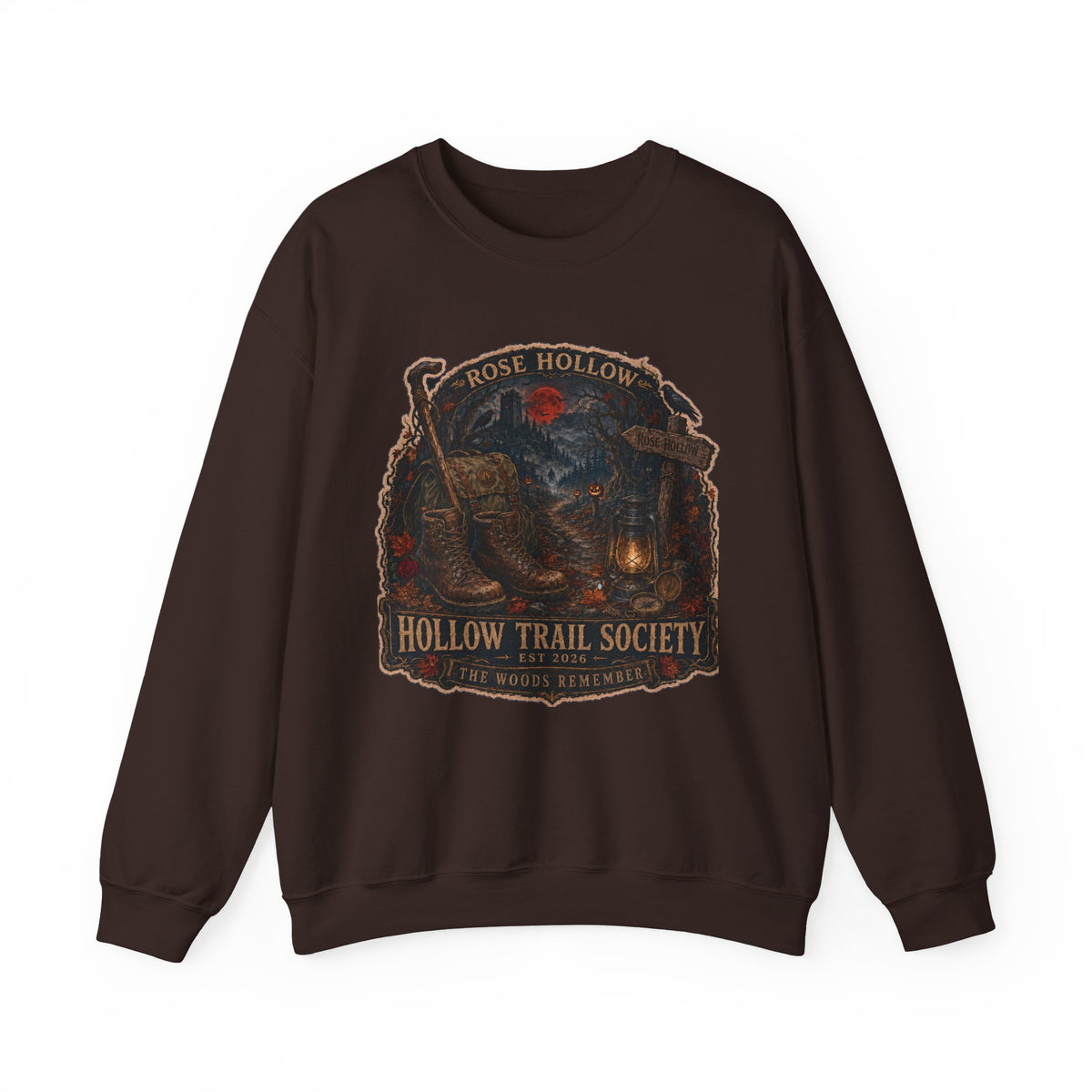 Hollow Trail Society crewneck sweatshirt | Rose Hollow lantern, wolf, moon