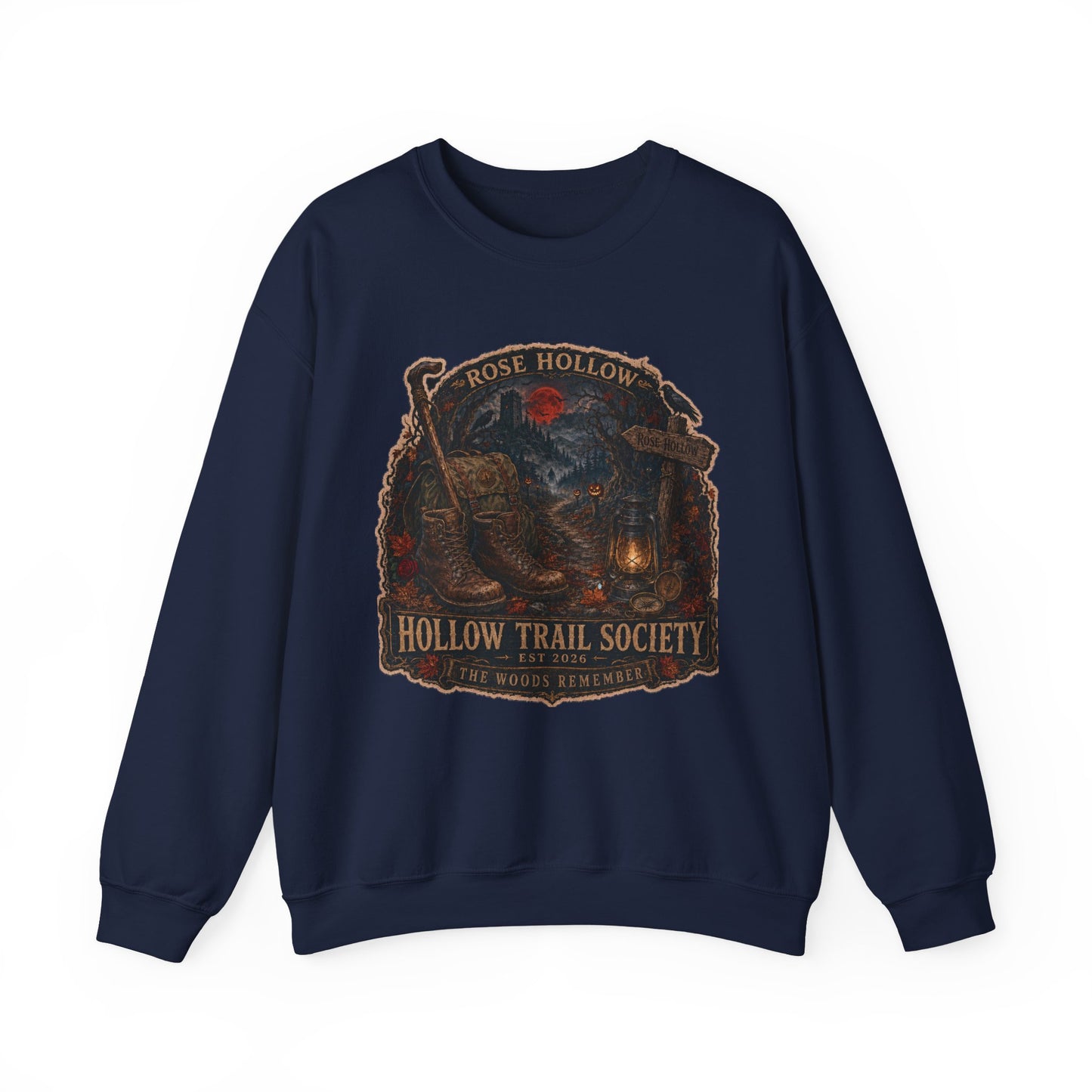 Hollow Trail Society crewneck sweatshirt | Rose Hollow lantern, wolf, moon