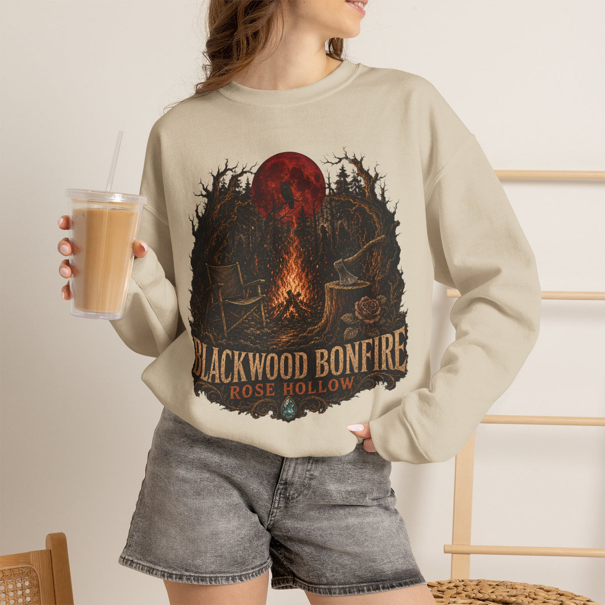 Blackwood Bonfire campfire crewneck | Rosie Hollow spooky moon sweatshirt