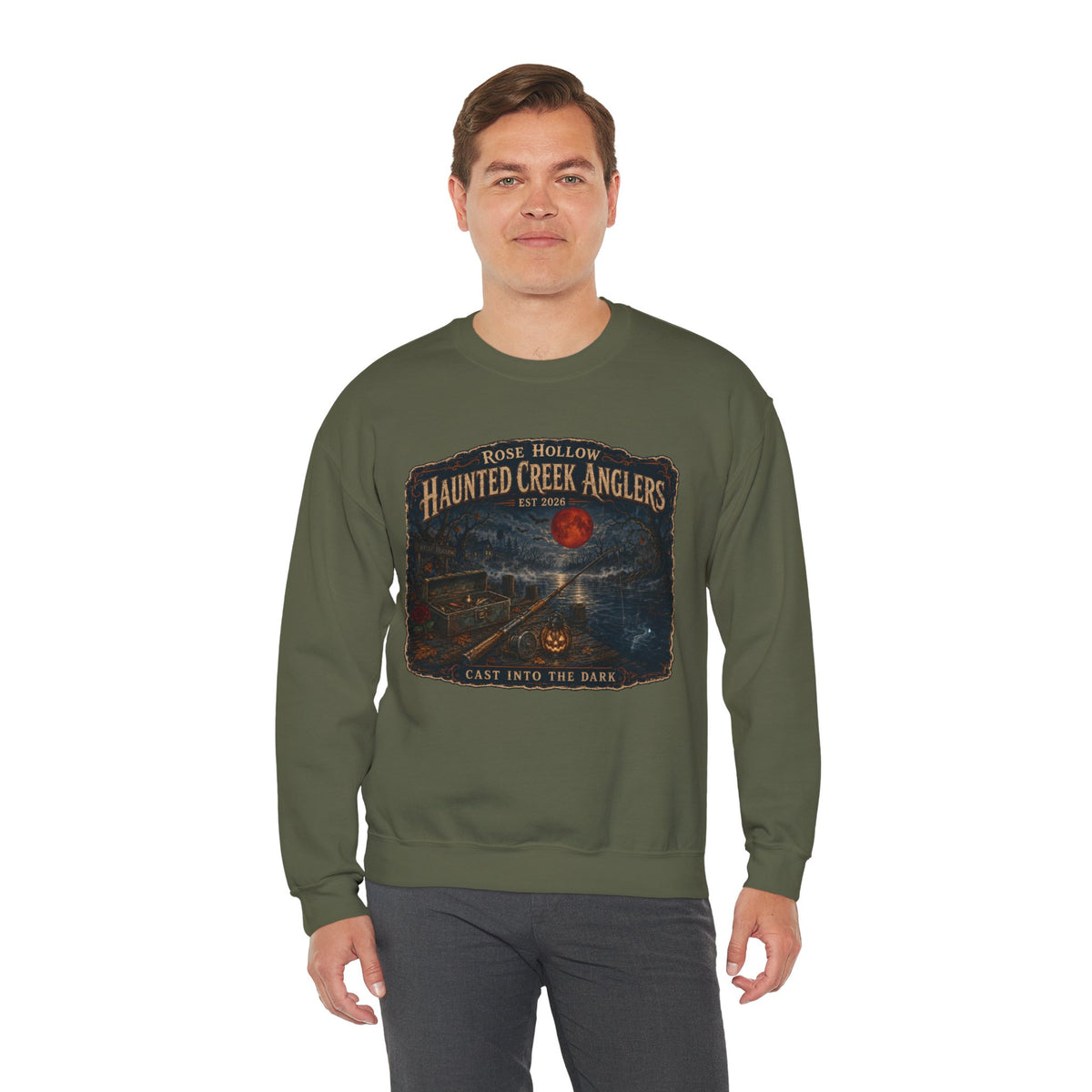 Haunted Creek Anglers cast into the dark Crewneck | Fishing Moonlit Lake Sweatshirt