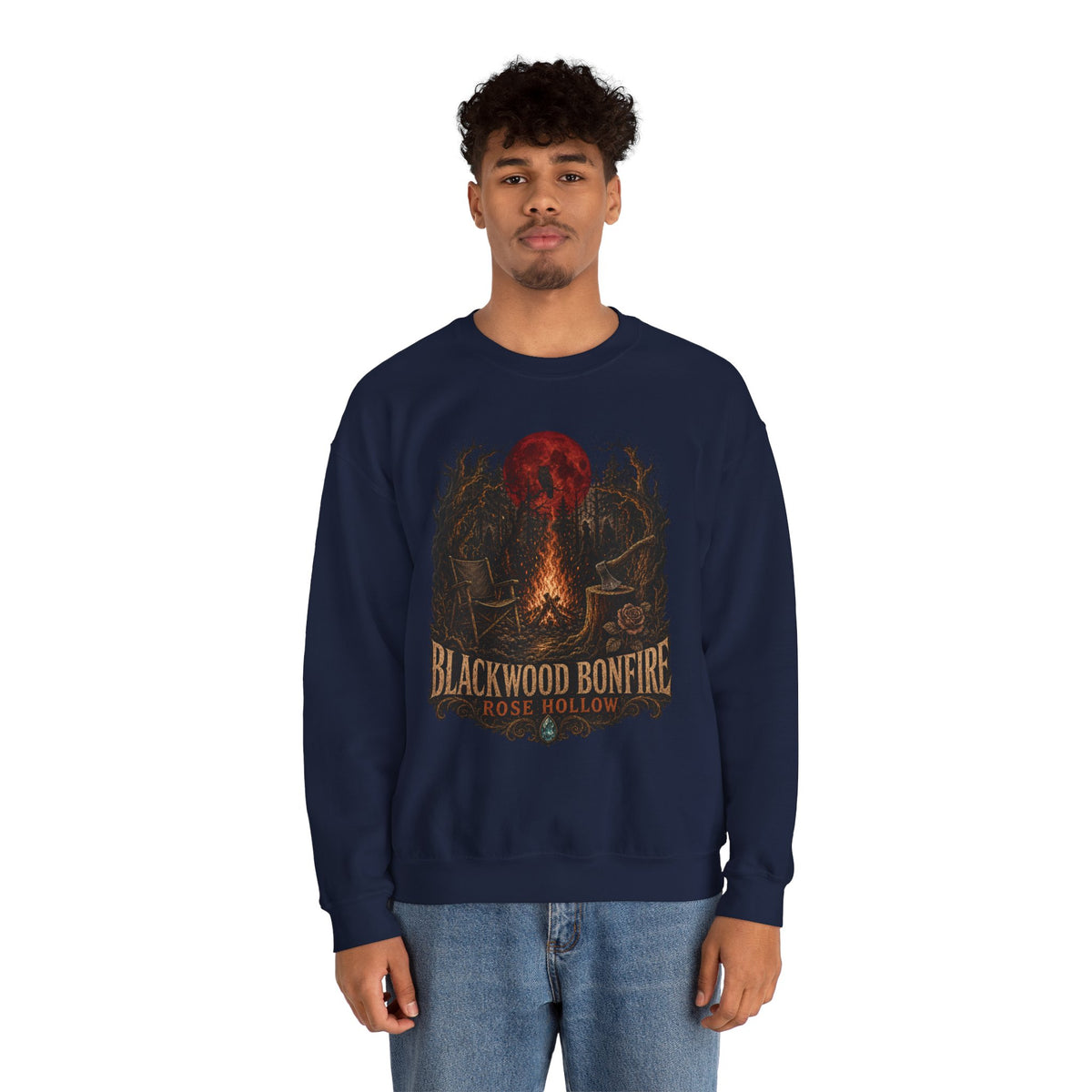 Blackwood Bonfire campfire crewneck | Rosie Hollow spooky moon sweatshirt
