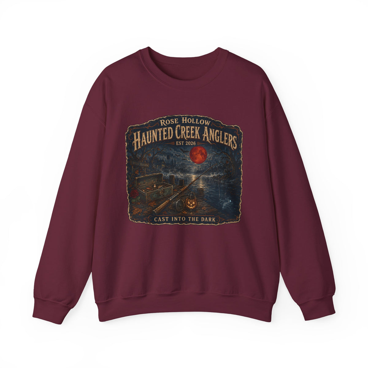 Haunted Creek Anglers cast into the dark Crewneck | Fishing Moonlit Lake Sweatshirt
