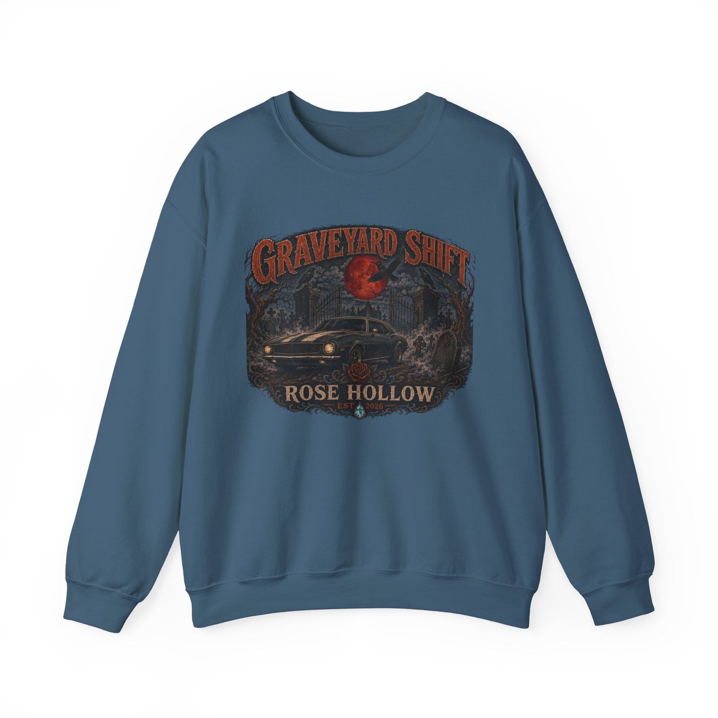 Graveyard Shift Rose Hollow Crewneck Sweatshirt | Haunted Night Graphic