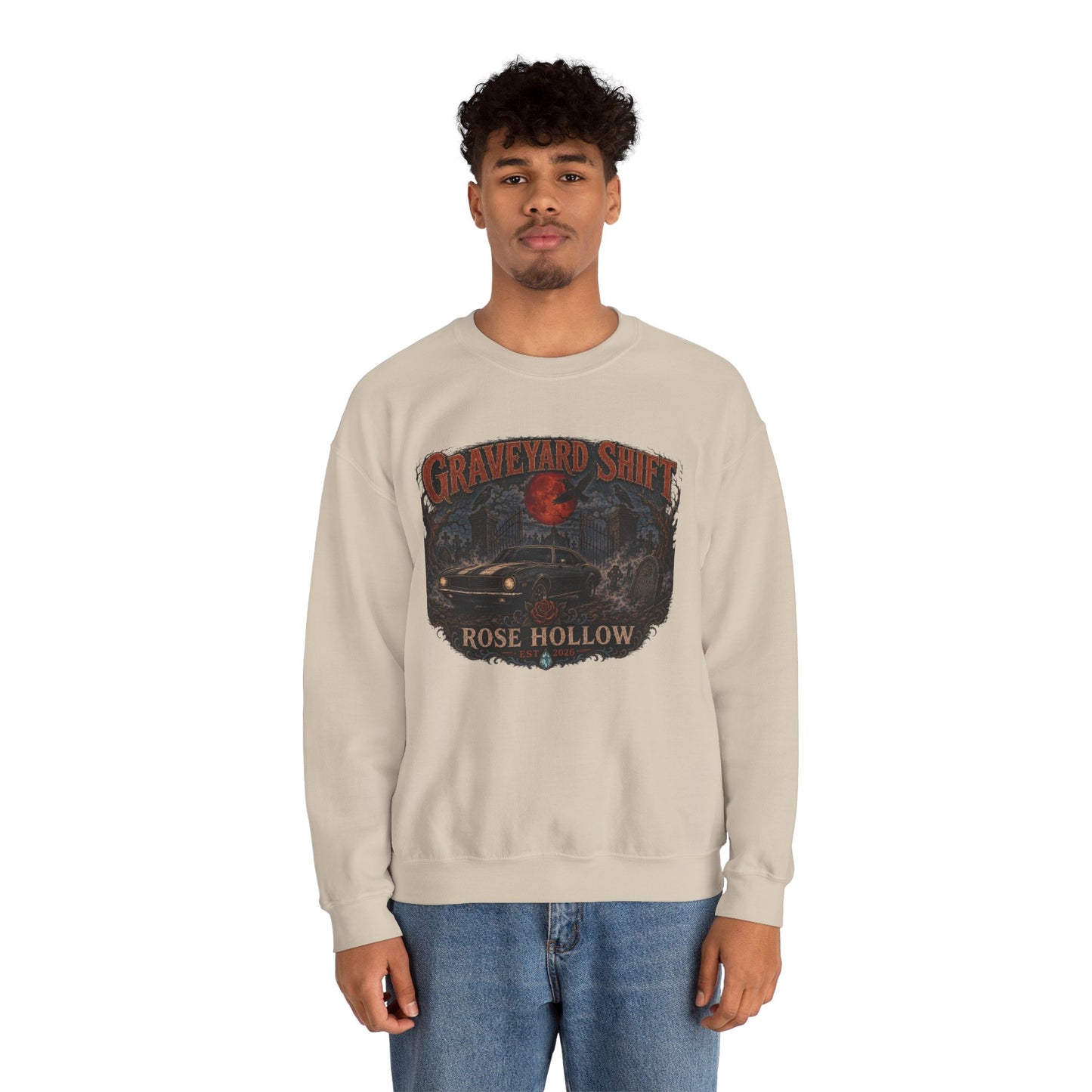 Graveyard Shift Rose Hollow Crewneck Sweatshirt | Haunted Night Graphic