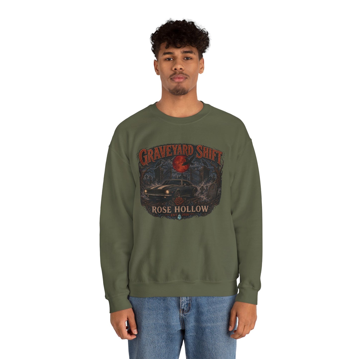 Graveyard Shift Rose Hollow Crewneck Sweatshirt | Haunted Night Graphic