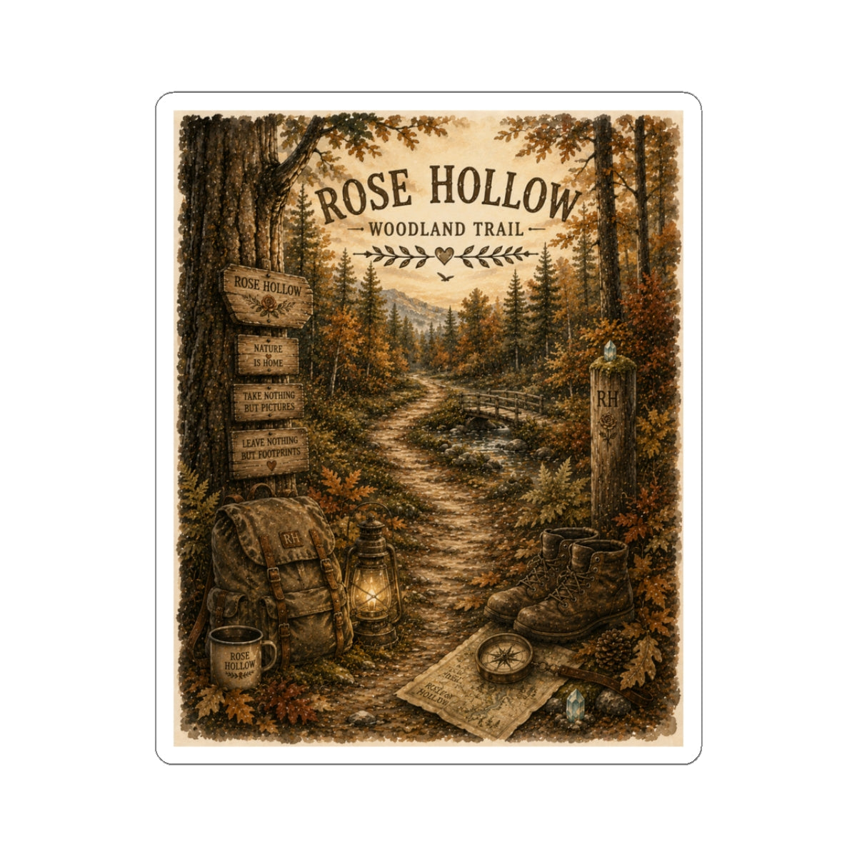 Rose Hollow Woodland Trail Sticker — Vintage Hiking Nature Kiss-Cut Sticker