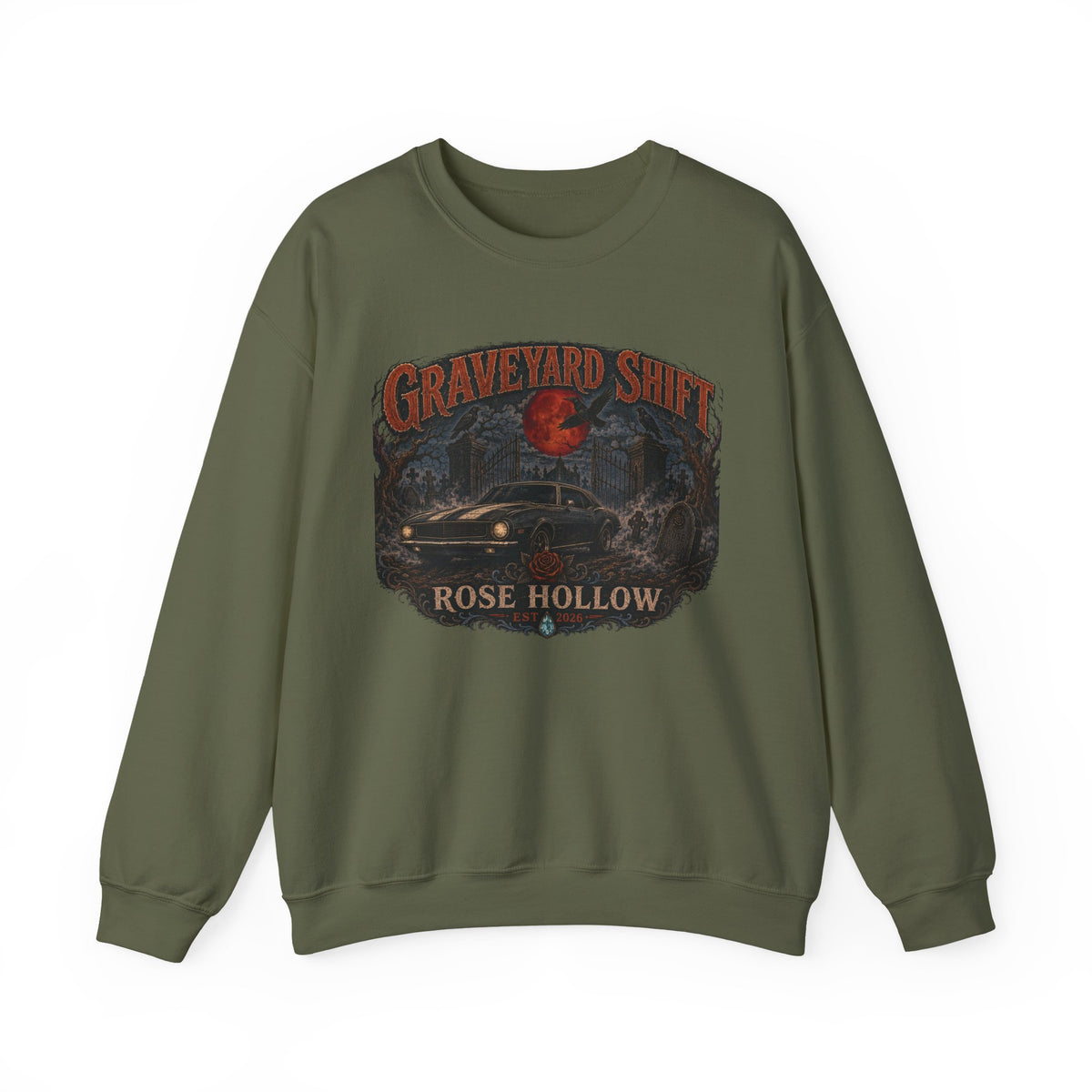 Graveyard Shift Rose Hollow Crewneck Sweatshirt | Haunted Night Graphic