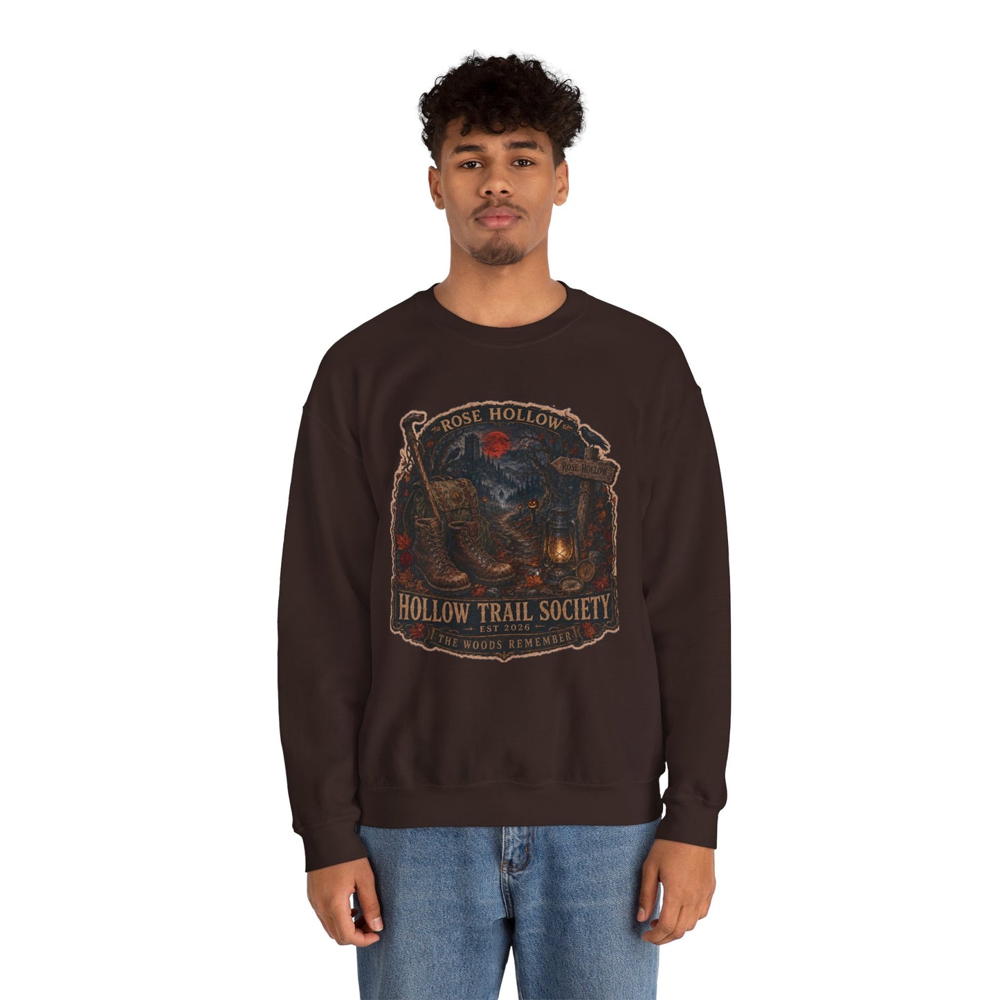 Hollow Trail Society crewneck sweatshirt | Rose Hollow lantern, wolf, moon