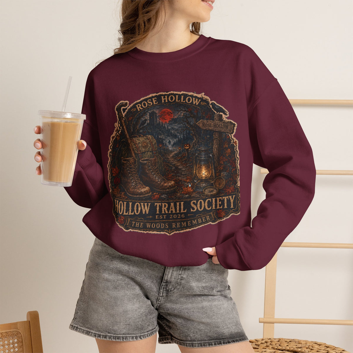 Hollow Trail Society crewneck sweatshirt | Rose Hollow lantern, wolf, moon