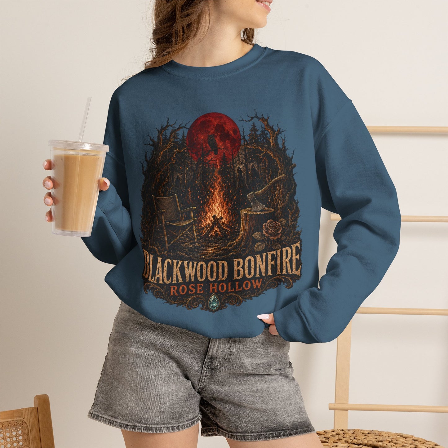 Blackwood Bonfire campfire crewneck | Rosie Hollow spooky moon sweatshirt