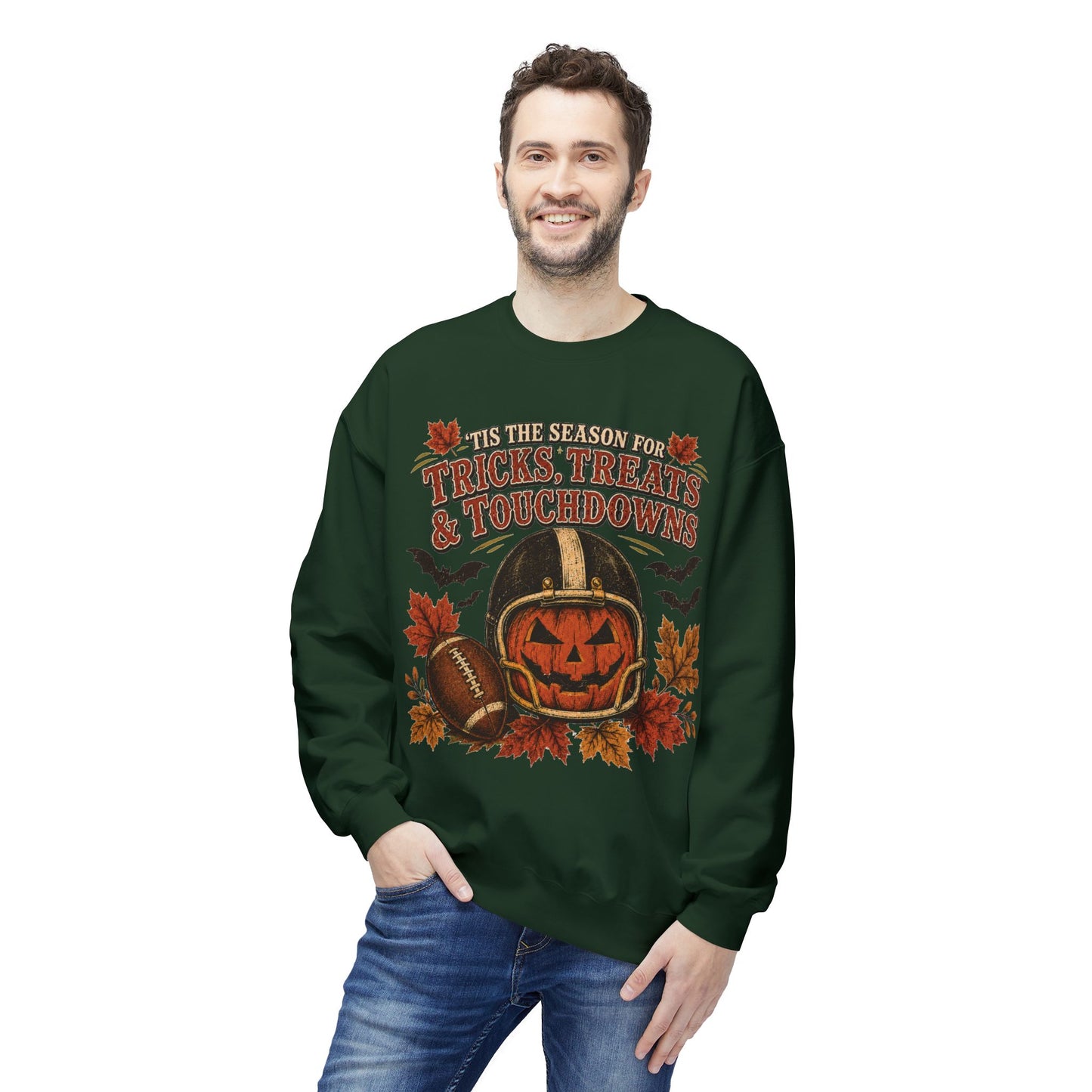 Halloween Football Sweatshirt - 'Tis the Season for Tricks, Treats & Touchdowns Crewneck