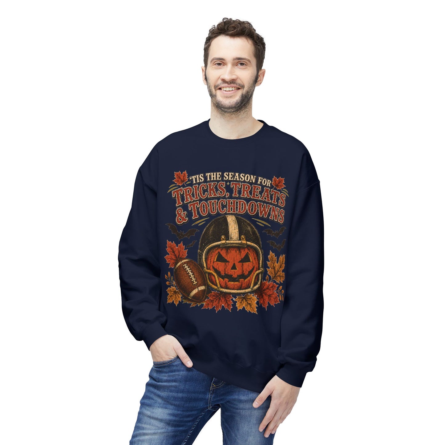 Halloween Football Sweatshirt - 'Tis the Season for Tricks, Treats & Touchdowns Crewneck