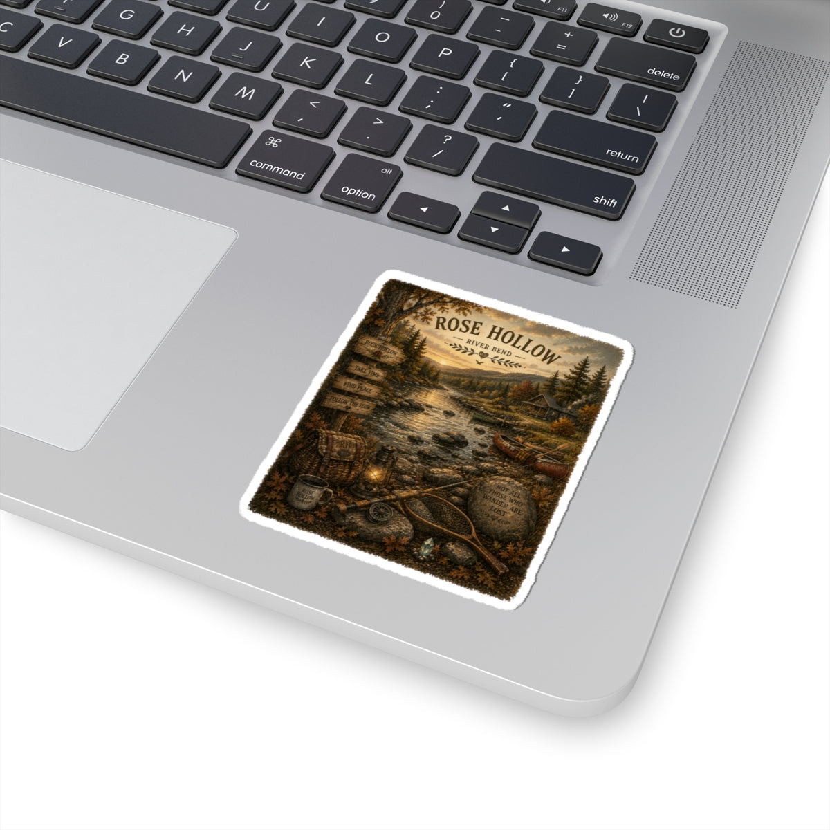 Rose Hollow River Bend Scenic Sticker — Rustic Cabin Lake Camping Decal