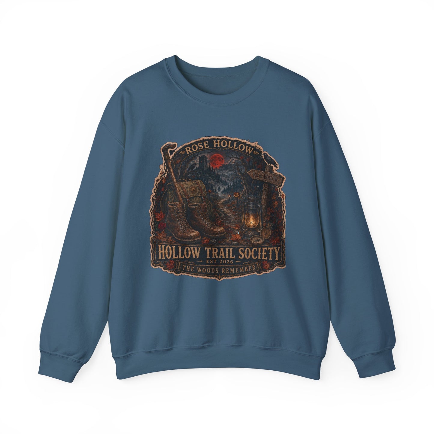 Hollow Trail Society crewneck sweatshirt | Rose Hollow lantern, wolf, moon