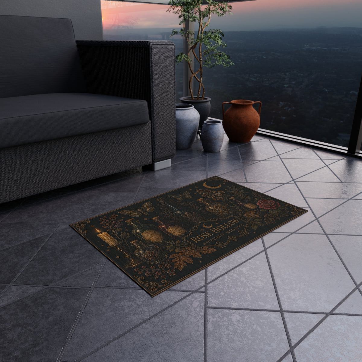 Rose Hollow Autumn Night Outdoor Rug — Vintage Apothecary Bottle & Moon Welcome Mat