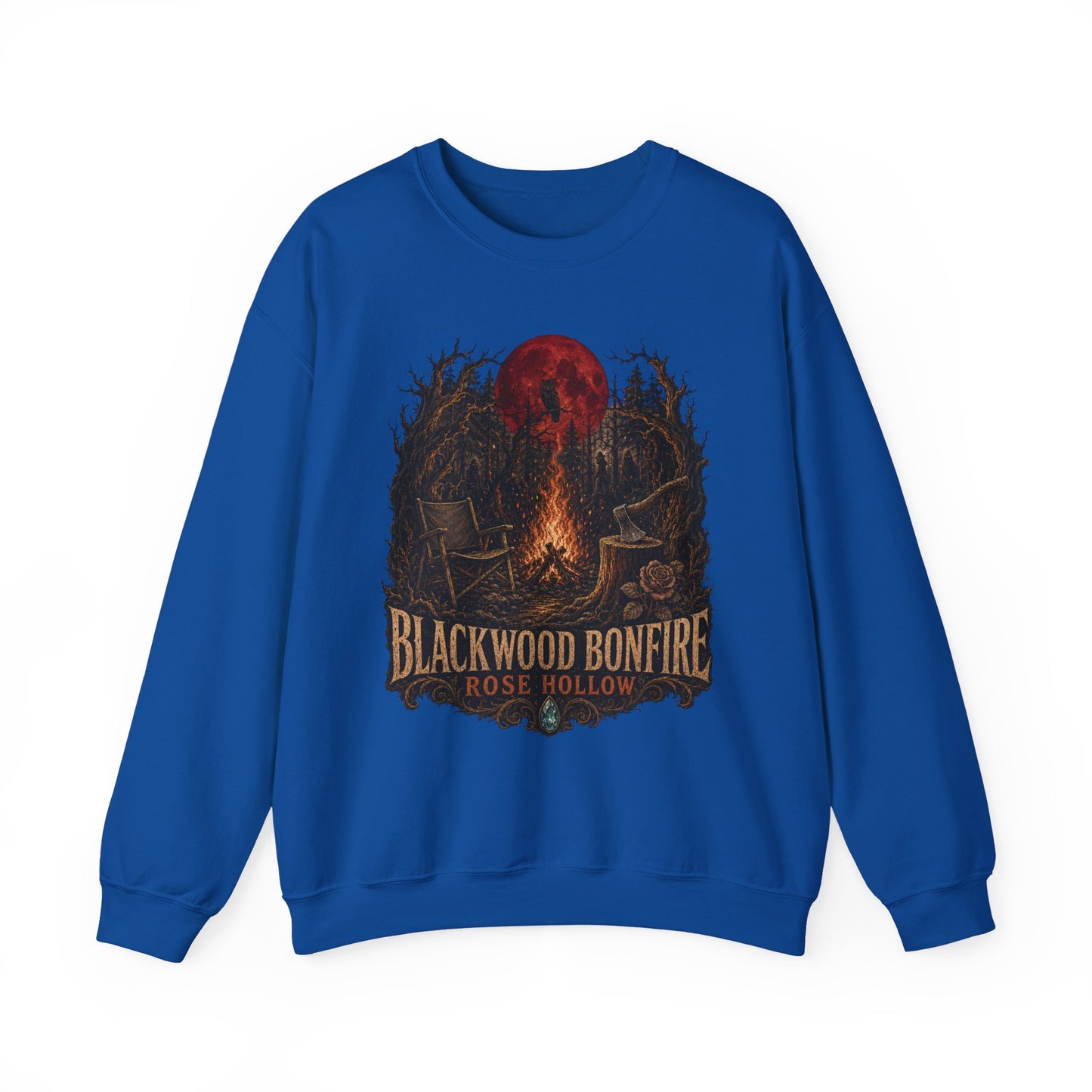 Blackwood Bonfire campfire crewneck | Rosie Hollow spooky moon sweatshirt