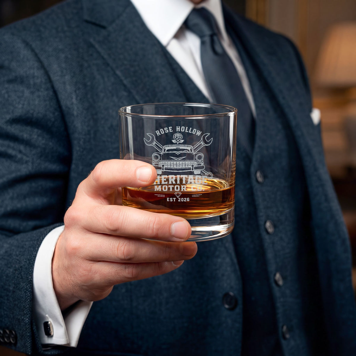 Heritage Motor Co. Engraved Whiskey Glass — 10.5 oz Classic Rocks Tumbler