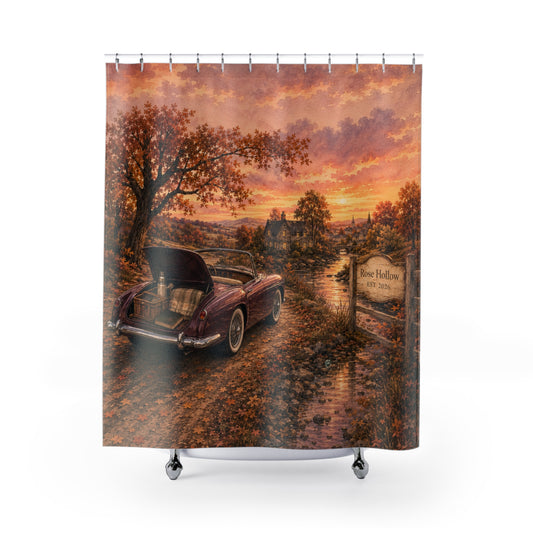Autumn Sunset Vintage Car Shower Curtain — Cozy Fall Bathroom Decor