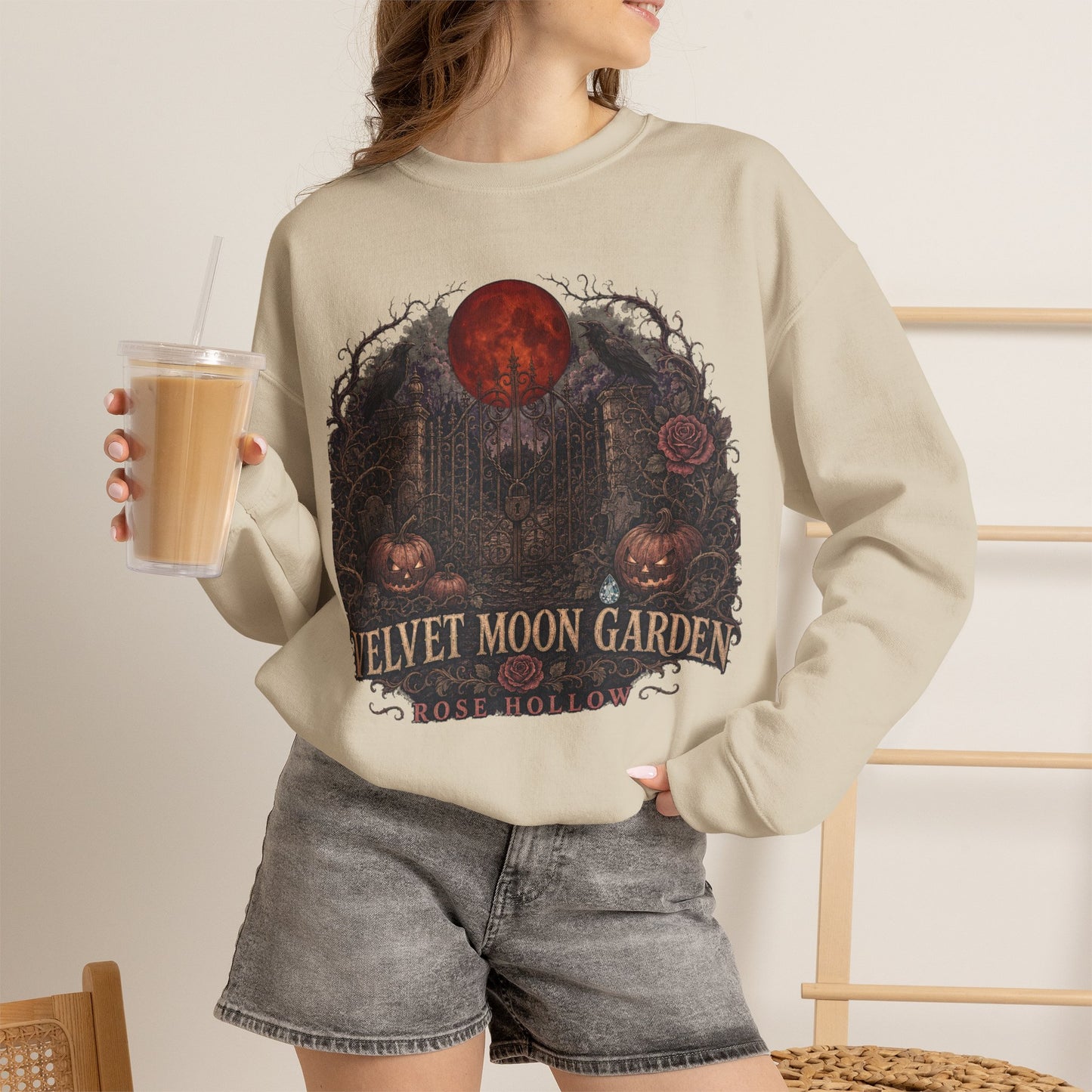 Velvet Moon Garden Crewneck Sweatshirt | Gothic Pumpkin Moon